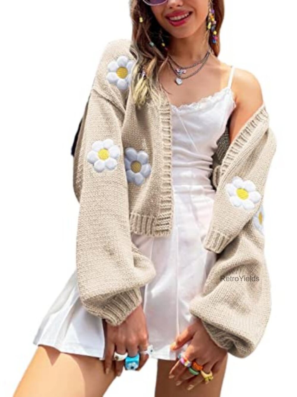Cropped Floral Applique Cardigan Sweater Lantern Sleeve Layering Shrug